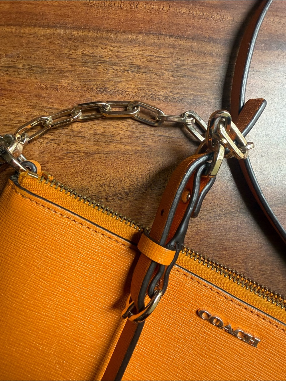 Coach Orange Leather Crossbody with Gold Chain Detail - Picture 2 of 8
